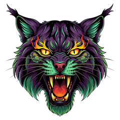 An illustrated, stylized bobcat head with a snarling expression, rendered in vibrant purple, green, and yellow hues.