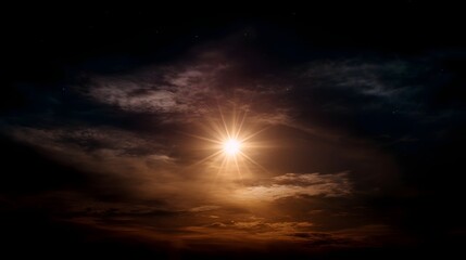 Fototapeta premium A bright star like sun radiates golden light through dark cloudy skies at dusk