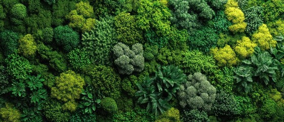 Naklejka premium Vibrant Green Wall Tapestry: Overhead View of Diverse Foliage Textures & Lush Hues