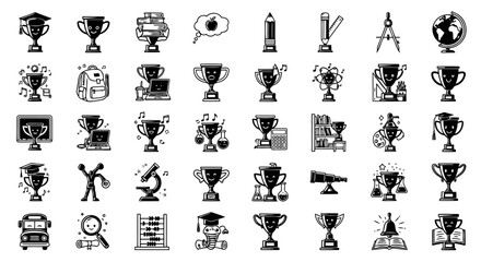 Obraz premium Collection of education themed icons featuring academic achievements school supplies and learning symbols in black and white silhouette style isolated on white background design resources