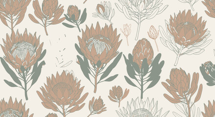 A seamless pattern of King Protea flowers in muted terracotta and sage green tones on a cream background.