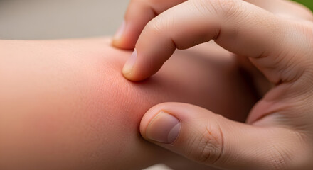 Close up woman arm scratch the itch by hand at home, itching due to rash, fungus, allergy, dermatological disease, dry skin. Healthcare and medical concept. red itchy rash.