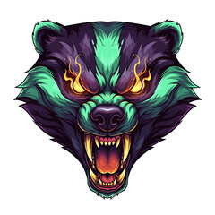 A stylized illustration of a badger head, roaring with fiery eyes and sharp teeth.