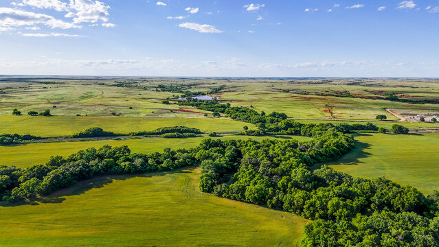 Aerial landscape of plains in rural historic US route 66 Foss Oklahoma Washita County OK