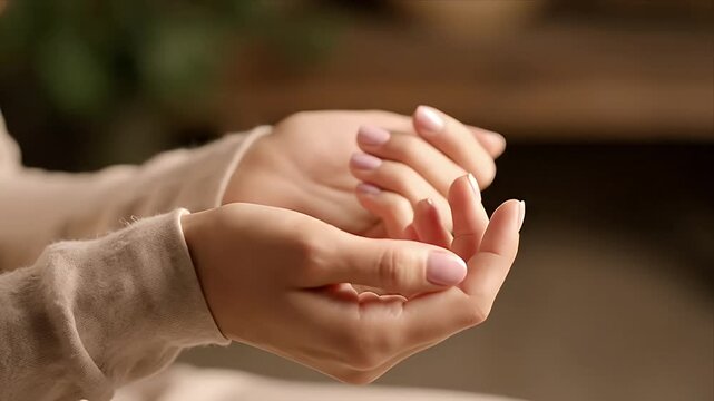 Close up of gentle female hands open and cupped together showcasing soft skin elegant pink manicure and a serene caring gesture perfect for themes of receiving 