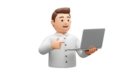 3d icon of 3d cartoon man in white shirt pointing at laptop isolated on transparent background