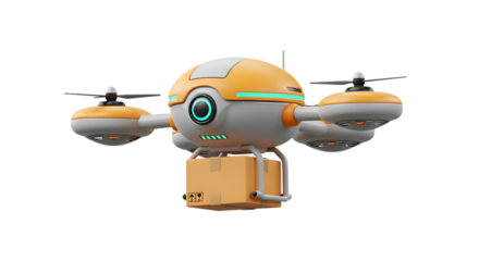 3d icon of futuristic drone with glowing lights delivering a package, isolated on transparent background
