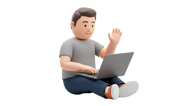 3d icon of 3d cartoon man sitting and typing on laptop isolated on transparent background