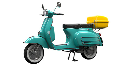 3d icon of a teal vintage scooter with a yellow storage box, isolated on transparent background