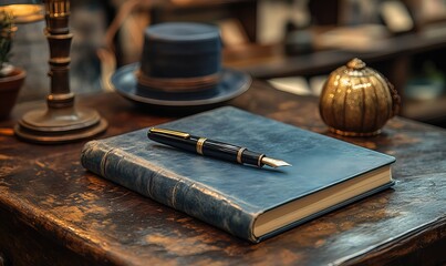 Elegant still life featuring a journal, fountain pen, and vintage accessories