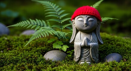 Obraz premium A serene stone Buddha statue wearing a red hat, nestled amongst vibrant green moss, ferns, and smooth pebbles in a tranquil garden setting.
