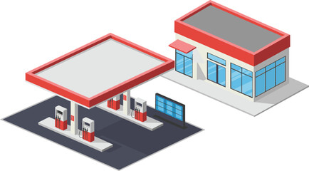 Modern isometric gas station and convenience store exterior illustration with red roof, fuel pumps, parking area, digital signage, and building design