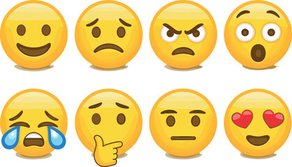 Set of eight expressive yellow emoji faces showing various emotions including happy, sad, angry, surprised, crying, thinking, neutral, and love