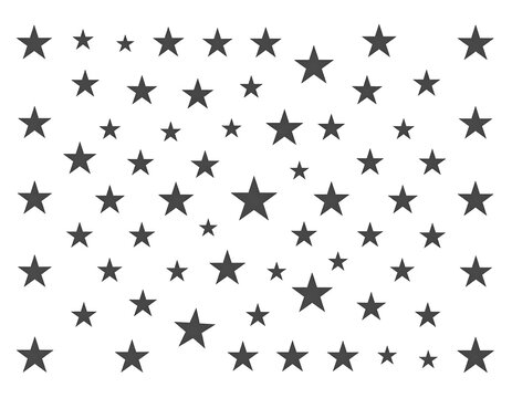 An array of various sized dark five-pointed stars, scattered randomly on a white background - Powered by Adobe