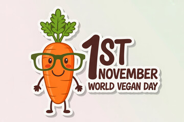 Cute anthropomorphic carrot celebrates world vegan day on november 1st