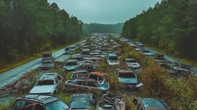Abandoned cars in a forest near a forgotten road surrounded by lush greenery