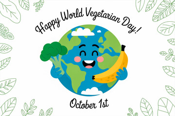 Happy world vegetarian day illustration with earth holding broccoli and banana