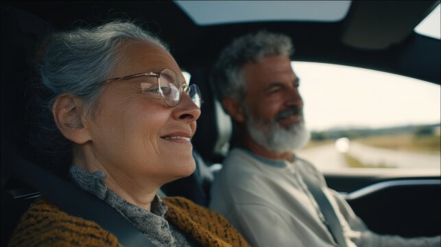 Senior Couple Enjoying A Road Trip In A Modern Car. Embracing Adventure And Companionship