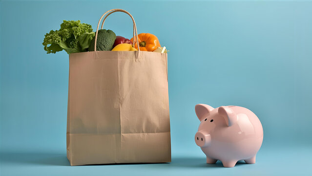 a paper bag of groceries and a pink piggy bank on blue background concept, ai