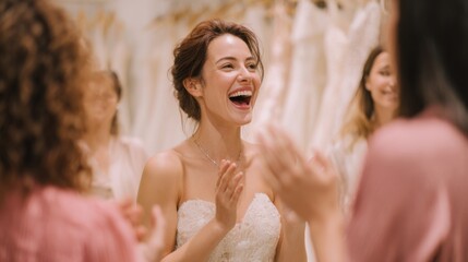 Bride Joyfully Celebrating With Friends In Bridal Shop. Wedding Dress Fitting And Joyful Moment