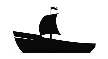 Silhouette of a classic sailing ship with a single sail and flag against a white background
