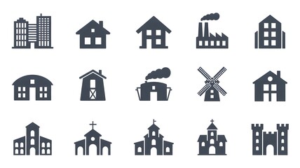 Collection of diverse building icons representing architecture and structures