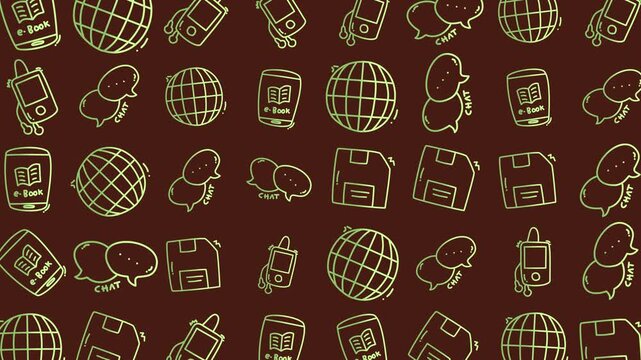 Doodle technology pattern with techthemed icons on warm brown background. Suitable for tech blog, digital presentations, or device concept designs.