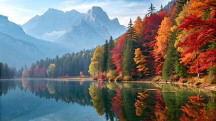 Naklejka premium Autumn lake and mountain reflection
