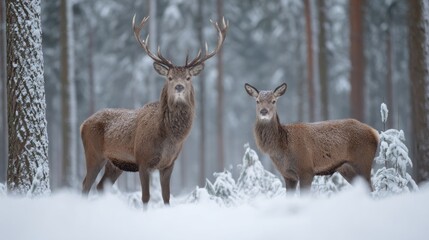 Obraz premium Majestic Stag and Doe Stand Proud Amidst a Snow-Covered Winter Forest Landscape