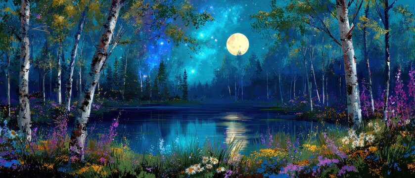 Enchanting Nightscape: Moonlit Forest Lake Reflecting Starry Sky