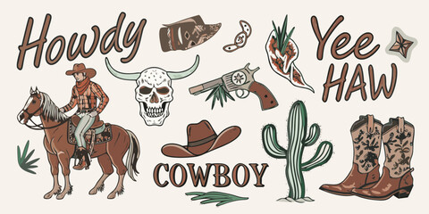 Western cowboy collection with howdy yee haw text and iconic symbols