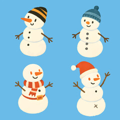 Four Cheerful Snowmen in Festive Hats and Scarves
