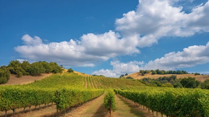 Fototapeta premium Vineyard Landscape Under Blue Sky With Fluffy Clouds. Scenic View Of Lush Grapevines In Rolling Hills