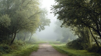 Obraz premium Pathway Through Misty Forest With Lush Greenery. Serene Nature Walk In Tranquil Woodland