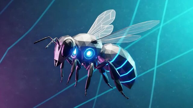 Futuristic low poly robot bee with glowing blue eyes and neon stripes flying in digital network