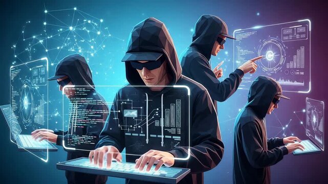 Cyber hacker group analyzing digital data streams and global network connections on futuristic