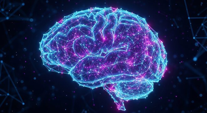 Blue abstract human brain x-ray scan illustrating intelligence, science, and technology with electrical energy and light