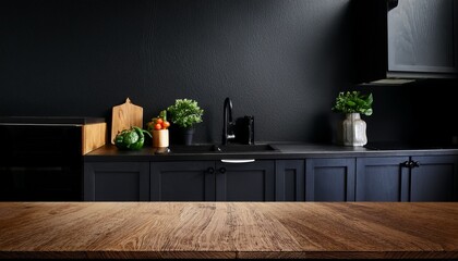 black kitchen room background for zoom calls minimal dark room with wooden table in foreground