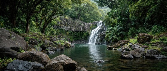Fototapeta premium Secluded Jungle Waterfall Cascading Over Dark Rocks into a Serene Emerald Pool