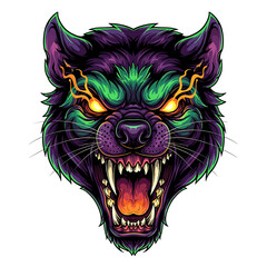 A fierce wolf head illustration with glowing eyes, bared teeth, and an aggressive expression.
