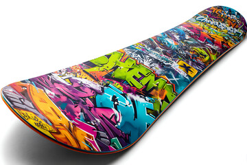 Vibrant snowboard with graffiti art for winter sports enthusiasts, showcasing urban style and adventure, perfect for extreme athletes and creative marketing campaigns