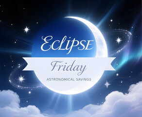Eclipse Friday Astronomical Savings Event with Crescent Moon and Stars Promotion Sale for Discounts Offers and Special Promotions