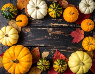 Autumnal Abundance - A Colorful Display of Pumpkins and Leaves.