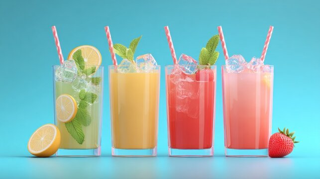 Refreshing Assortment of Colorful Fruit Drinks with Ice, Mint, and Citrus Garnish