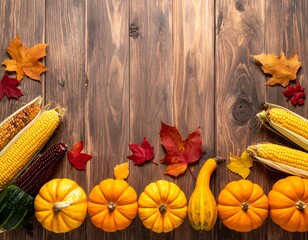 Autumn Harvest Bounty - Pumpkins, Corn, and Fall Leaves on Wood.