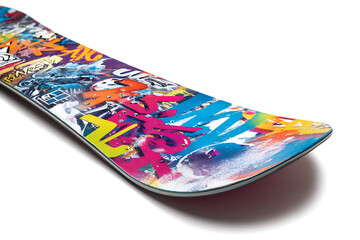 Vibrant snowboard with colorful graffiti art, perfect for winter sports enthusiasts and showcasing unique board designs at the snow resort or urban events