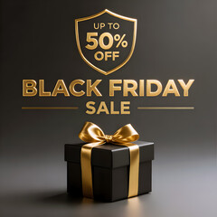 Elegant Black Friday Sale Promotion with Golden Gift Box and Up to 50 Percent Off Offer for Online Retail