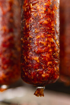 Smoked sausage production line in the factory