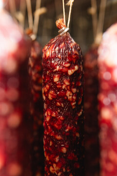 Smoked sausage production line in the factory