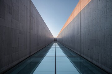 Fototapeta premium Minimalist architecture captures glass and concrete intersection glowing softly in refined evening light